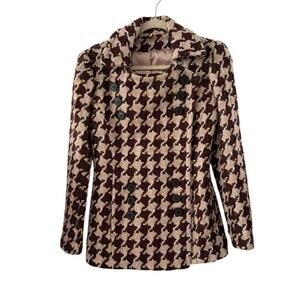 Mint Size 0 Brown Tan Houndstooth Tweed Pea Coat Wool Classic Preppy Jacket